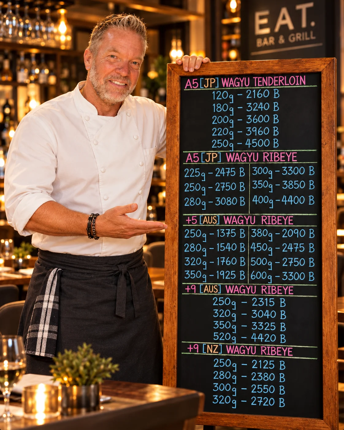 Chef Christer presenting the EAT Bar & Grill Wagyu blackboard, showing an example of Japanese, Australian and New Zealand cuts